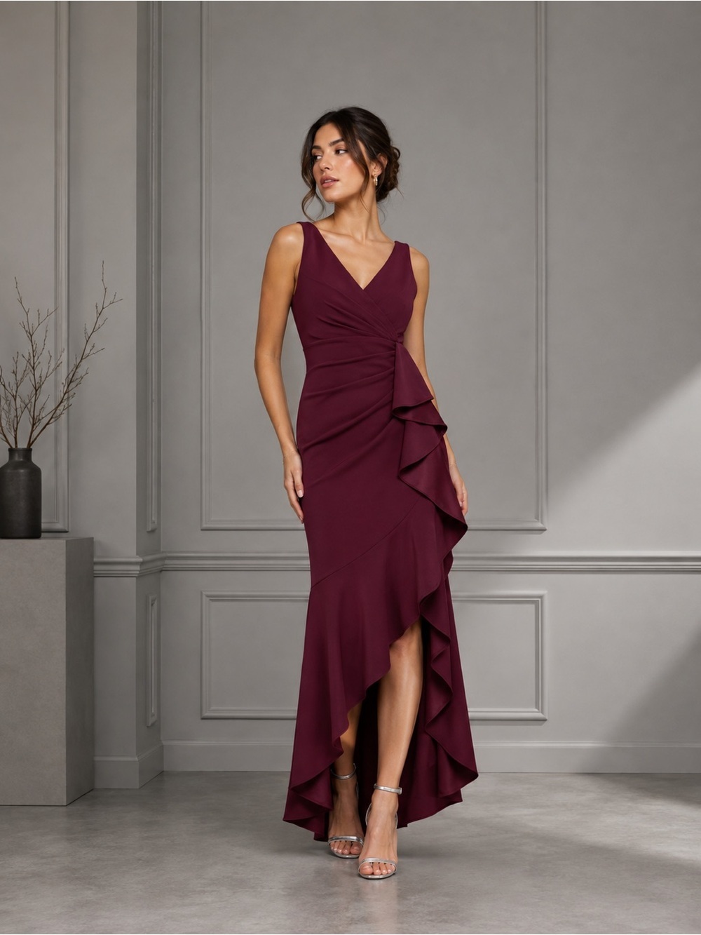 BETSY & ADAM CANDACE" LONG V- NECK HI LOW CASCADE DRESS SIZE 16